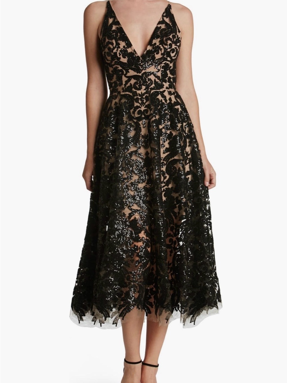 Dress the Population Black Sequin Embroidered Midi Dress